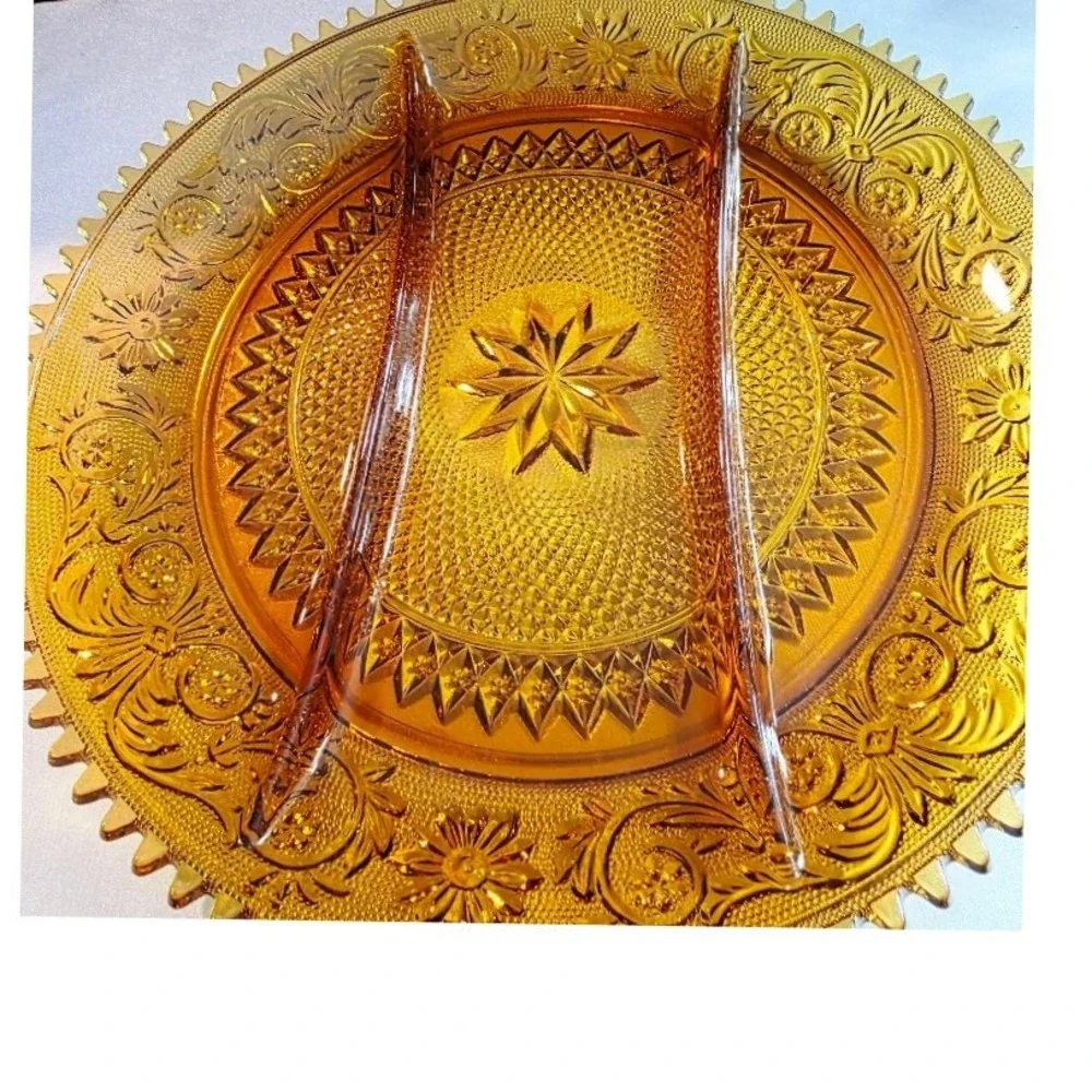 Vintage Tiara Indiana Amber Glass Platter, Divided Relish Dish, Party Tray, 12